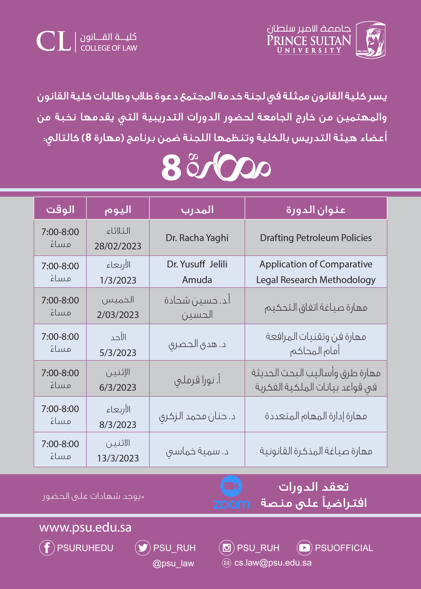 The College of Law at Prince Sultan University is pleased to Announce the New Mahara 8 Program for this Semester. The Program Includes 7 Workshops on Various Topics.