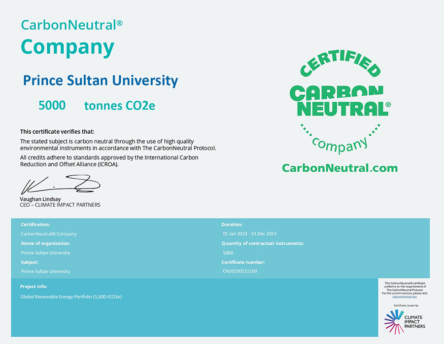 Prince Sultan University is the first CarbonNeutral Certified Company in the MENA Region