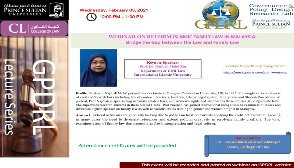 Webinar on reform Islamic family law in Malaysia: Bridge the gap between law and family law.