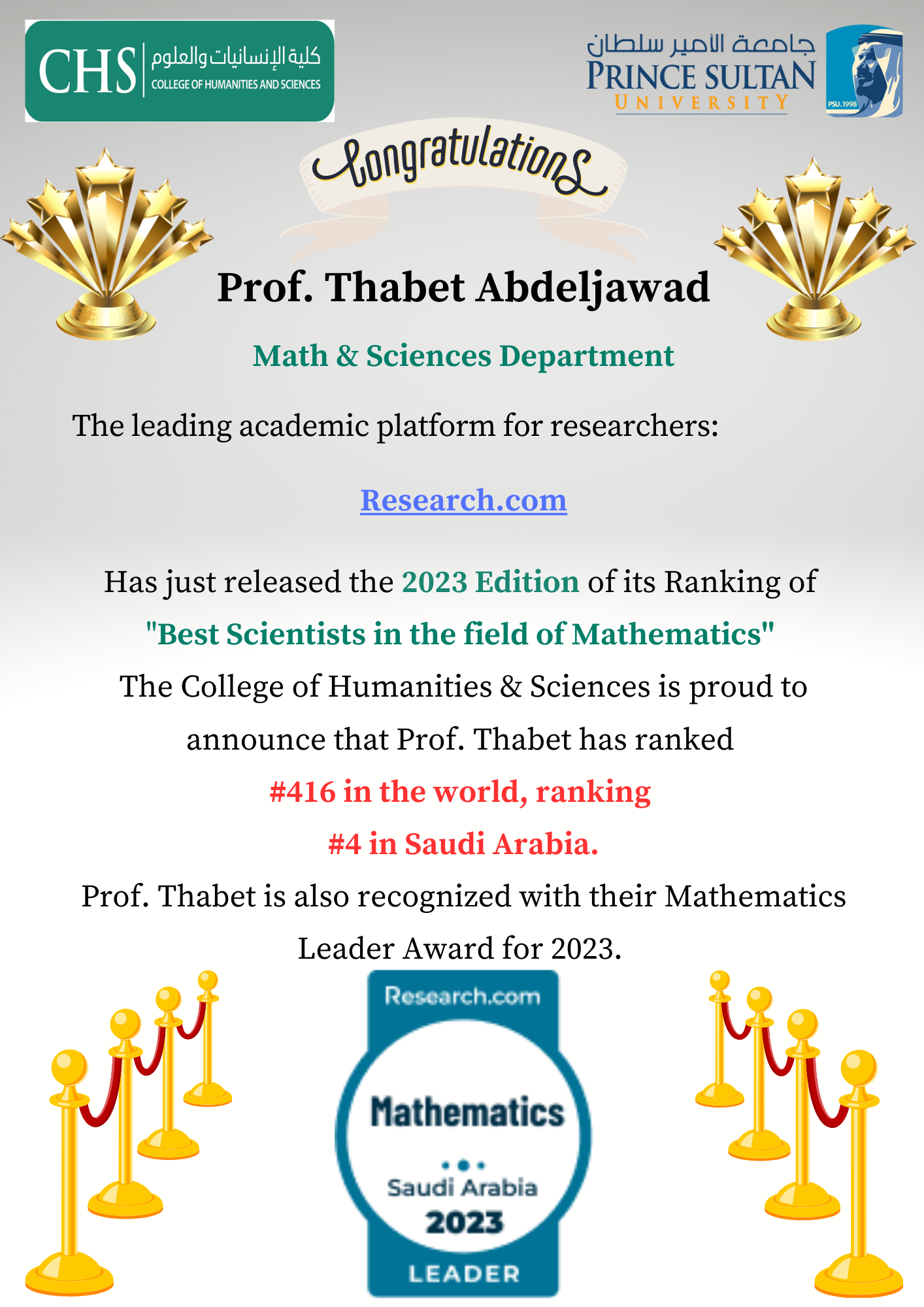 Prof. Thabet Abdeljawad is Ranked Among The Best Scientists for 2023-Congratulatory Note
